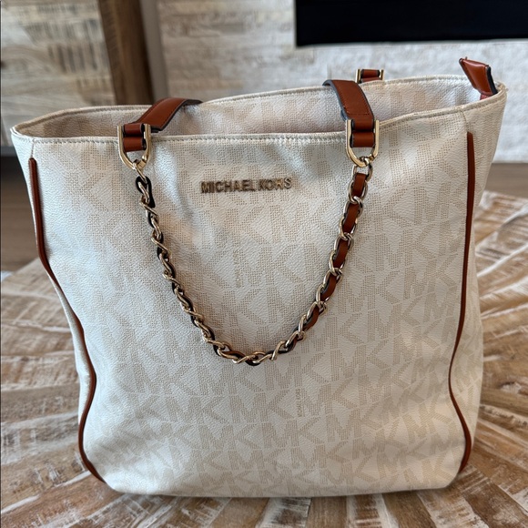 Michael Michael Kors Signature Tote Shoulder Bag Double Chain Leather Strap - Picture 1 of 16
